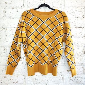 Tahari Crew Neck Yellow Womens Sweater Argyle Long Sleeve Striped Top SZ L